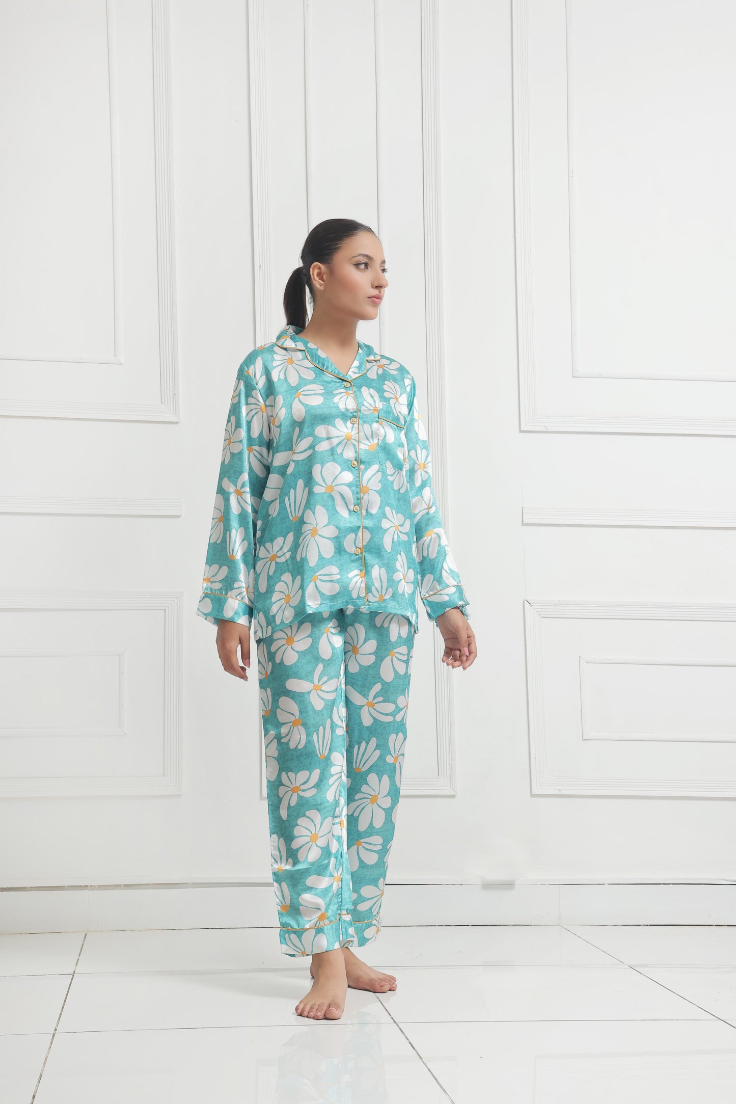 Green Floral Silk Pajama Set