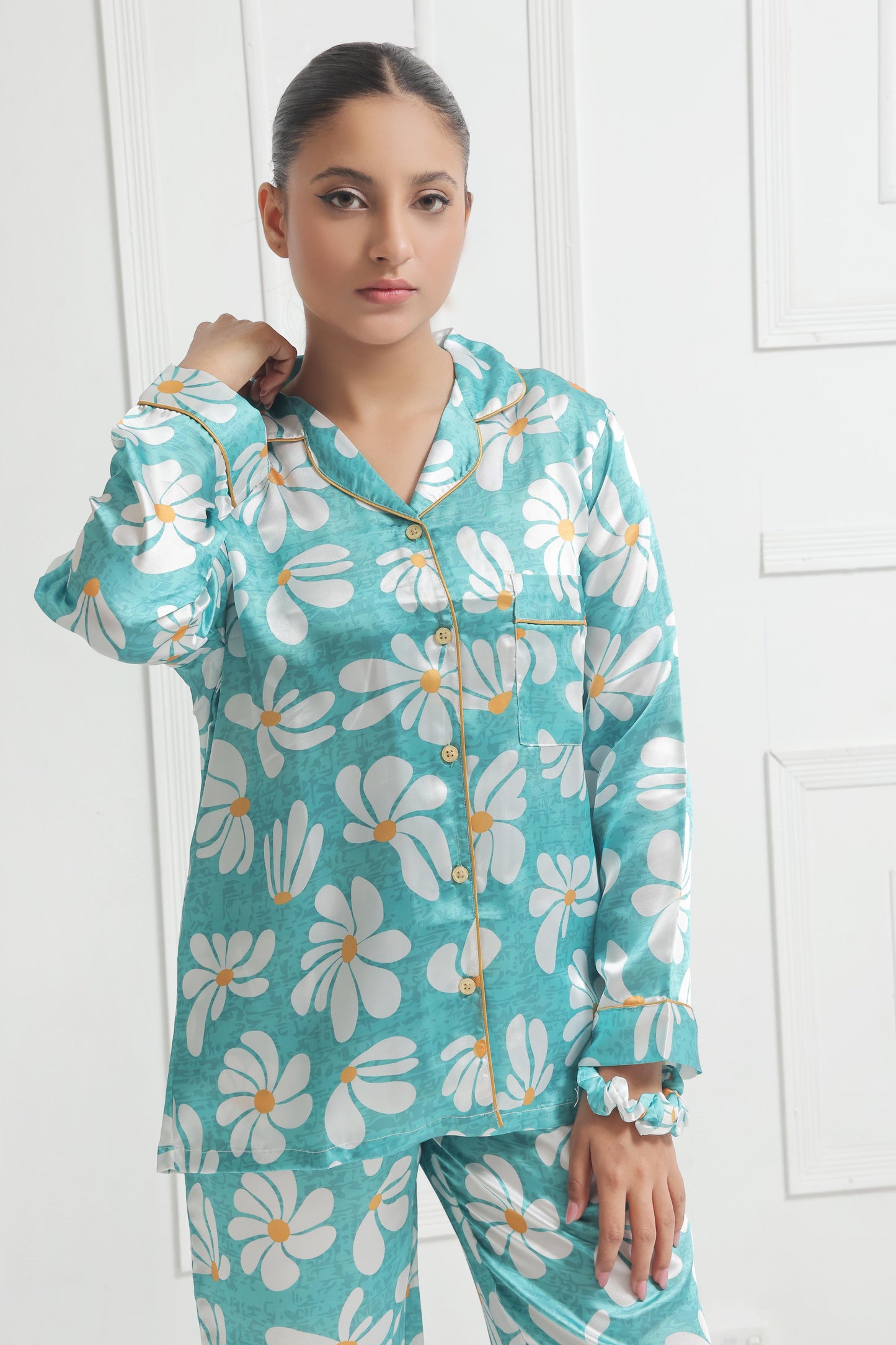 Green Floral Silk Pajama Set